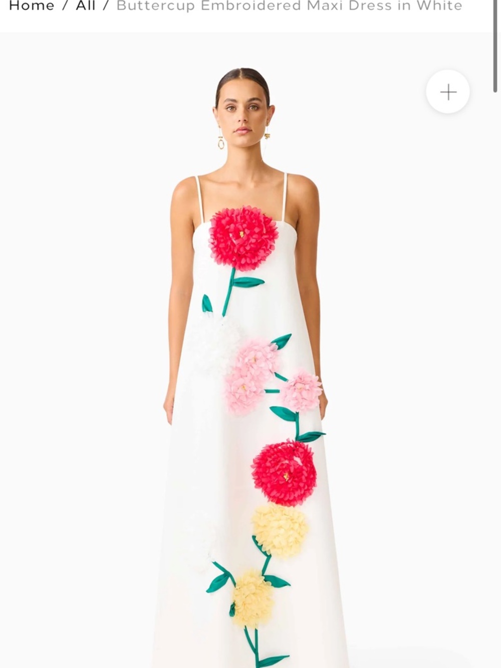 Elliatt White Maxi Dress with Red, Pink and Yellow Floral Appliqués